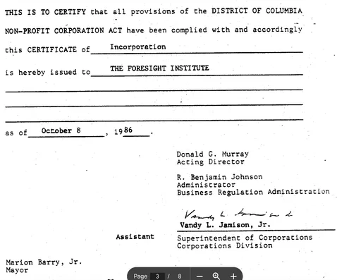 Foresight’s certificate of incorporation, dated October 8, 1986